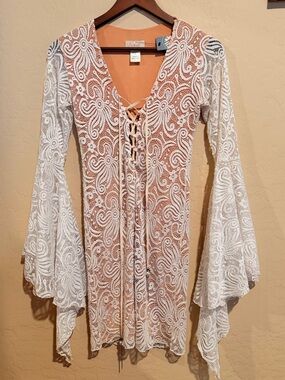 Smith Laguna Beach NWT White Lace Bell Sleeve Boho Mini Dress S